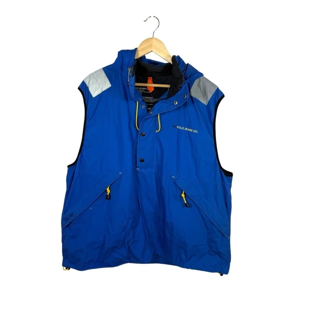 VINTAGE RARE 90s RL Polo Jeans Ripstop Nylon Hooded Vest Blue XL